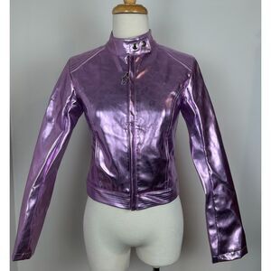 NWT Dolls Kill Generation Kiss Moto Jacket Shiny Purple/Pink Metallic Zebra XS
